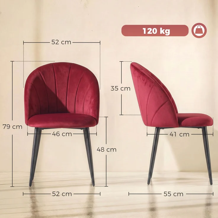 MELAYR, 2er-Set Esszimmerstühle, Gepolsterte Küchenstühle ohne Armlehnen, Stahlbeine, 52 x 55 x 79 cm, Bordeaux – Bild 5