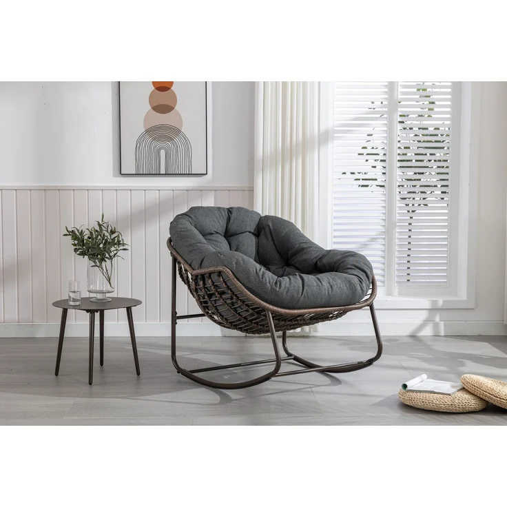 Schaukelstuhl 78x106x90 cm mit Polster, handgeflochtenem Polyrattan, Dunkelgrau – Bild 3