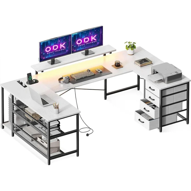ODK Eckschreibtisch 4 Schubladen Stauraum, Steckdosen USB, Gaming Schreibtisch – Bild 1