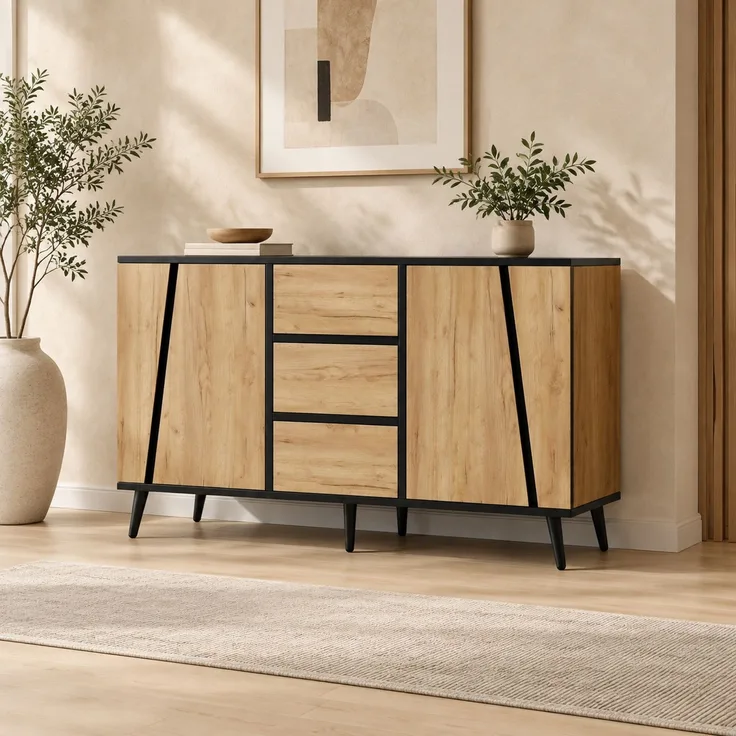 DESVIAE Sideboard Holzfarbe/Schwarz – 120x70x40 cm – 2 Türen, 3 Schubladen, verstellbare Einlegeböden