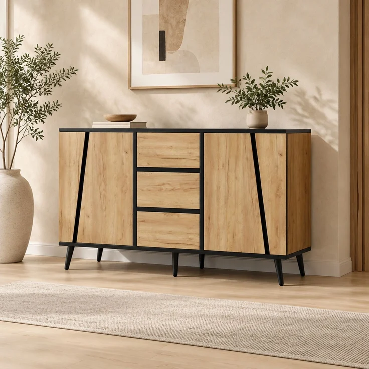 DESVIAE Sideboard Holzfarbe/Schwarz – 120x70x40 cm – 2 Türen, 3 Schubladen, verstellbare Einlegeböden – Bild 1