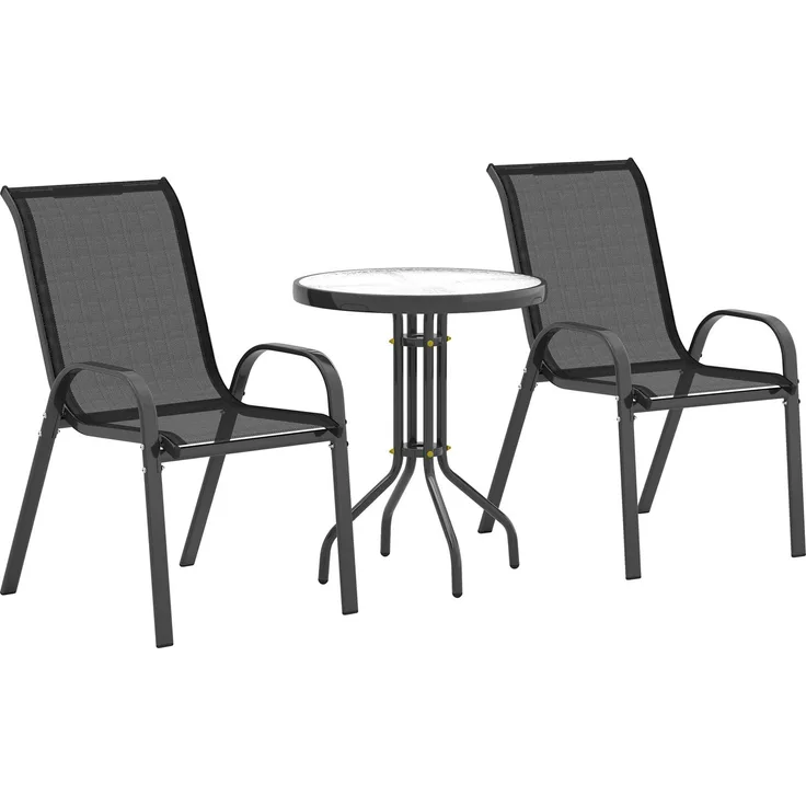 3-teiliges Gartenset mit 2 Gartenstühlen (54 x 71 x 93 cm) und einem runden Tisch (Ø 60 x 71 cm) aus schwarzem Stahl