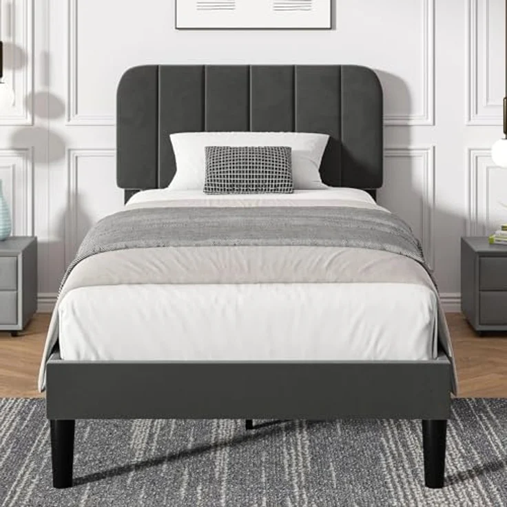 VECELO 2er-Set Polsterbett 90x200 cm – Samtbezug, Einzelbett Bettgestell mit Lattenrost aus Massivholz, Einfache Montage, Ideal für Jugendzimmer, Grau – Bild 3