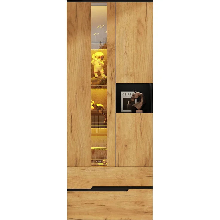 Vitrinen-Schrank, 70×35×180cm Mehrzweck Aufbewahrungsschrank mit LED-Lichtleiste, 3 Türen & 2 Schubladen, Holz-Schwarz Kombinationsdesign, bis 45kg Traglast, moderner Stauraumschrank für Wohnzimmer--Natürlich--70x35x180cm--YOUDENOVA – Bild 5