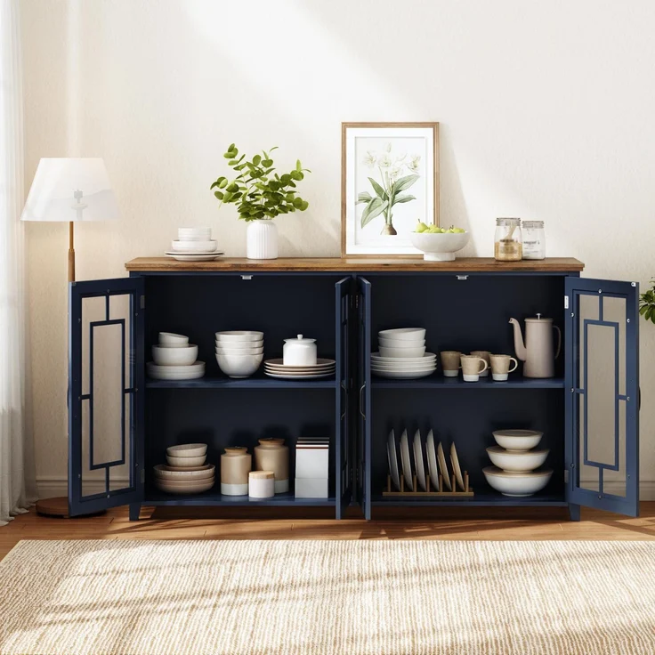 Merax 160cm Küchen-Sideboard mit Glastüren, einem geräumigen Staufach, einer Arbeitsplatte in Holzoptik und einer Kippsicherung, Blau – Bild 8