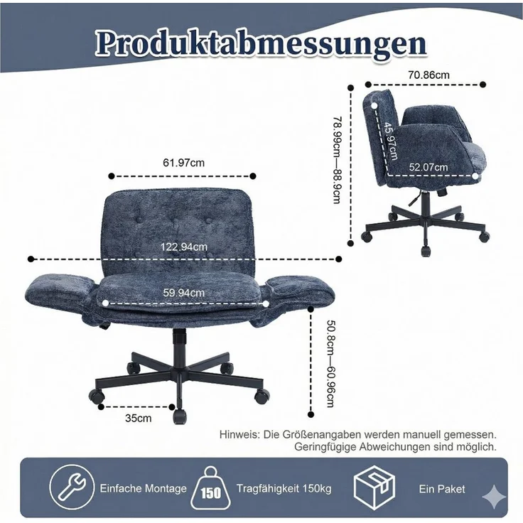 Leawin Drehstuhl Bürostuhl ergonomisch mit breitem Sitz & 5-fach Armlehnen, Schreibtischstuhl mit Chenille-Bezug, Rollen & 150 kg – Bild 2