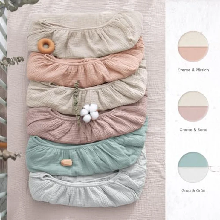 lulumoon 2er Set Kinder Spannbettlaken, Musselin-Baumwolle Spannbetttuch für Babybett und Kinderbett 60x120 cm / 70x140 cm Reisebett Spannlaken Beistellbett Leintücher (Grau Grün, 70x140 cm) – Bild 8