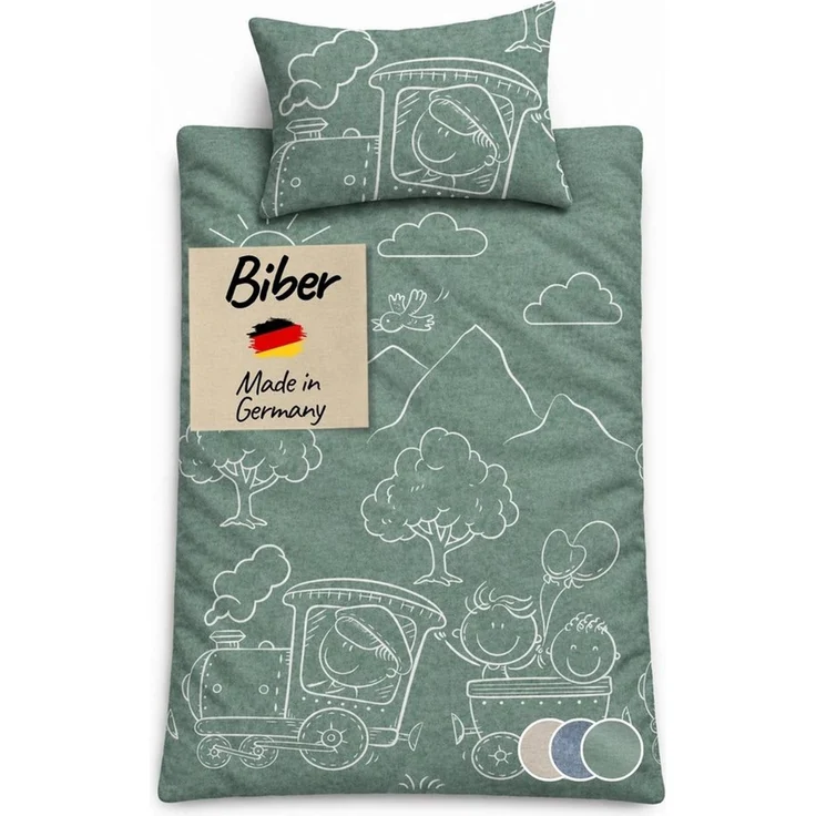 Carpe Sonno Kinderbettwäsche Biber Kinderbettwäsche Lokomotive aus 100% Baumwolle, Biber, 2 teilig, MADE IN GERMANY - Babybettwäsche 100x135 - 100% Baumwolle - Grün – Bild 1