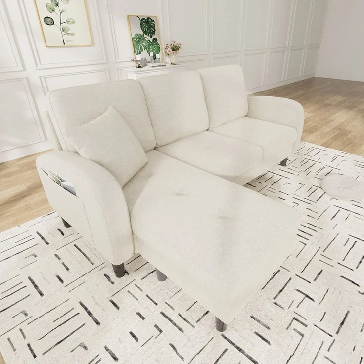 Merax Ecksofa L-förmiges Sofa mit Bettfunktion, Modulares Sofa aus Cordstoff, 1 Teile, 3-Sitzer Sofa mit Chaiselongue, Kissen & Kunststoffbeine, 166 x 118 x 77 cm – Bild 2