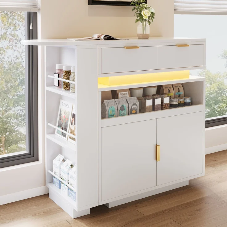 Merax Ausziehbarer Bartisch (115-183 × 40 × 99 cm), ausziehbare Kücheninsel, Bartisch mit Stauraum, LED‑Beleuchtung, 360° Drehfunktion, mobile Kaffeebar, geeignet für Küche und Esszimmer, Weiß – Bild 2