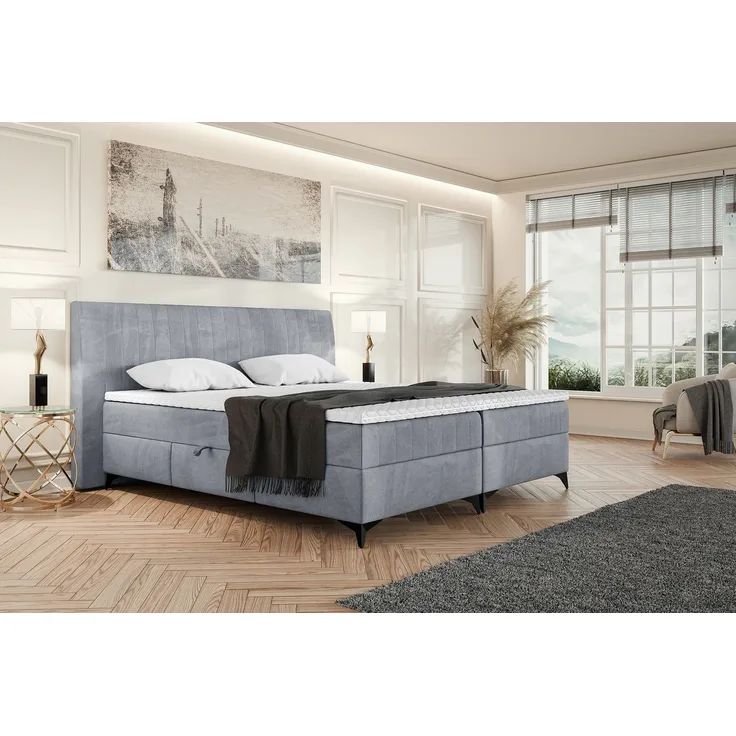 MEBLINI Boxspringbett NANI 140x200cm - H3B/Grau Samt - mit Bettkasten - Polsterbett - Doppelbett mit Topper & Bonellfederkern-Matratze