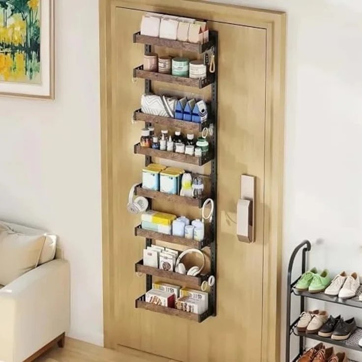 Tür Türorganizer Hängeorganizer 8 Etagen, Türregal zum Einhängen Metall mit Verstellbarem 8 Körben, Wandmontage-Gewürzregal Badregal Ohne Bohren für Küche, Schrank, Bad, 45x14x170cm, Schwarz – Bild 6
