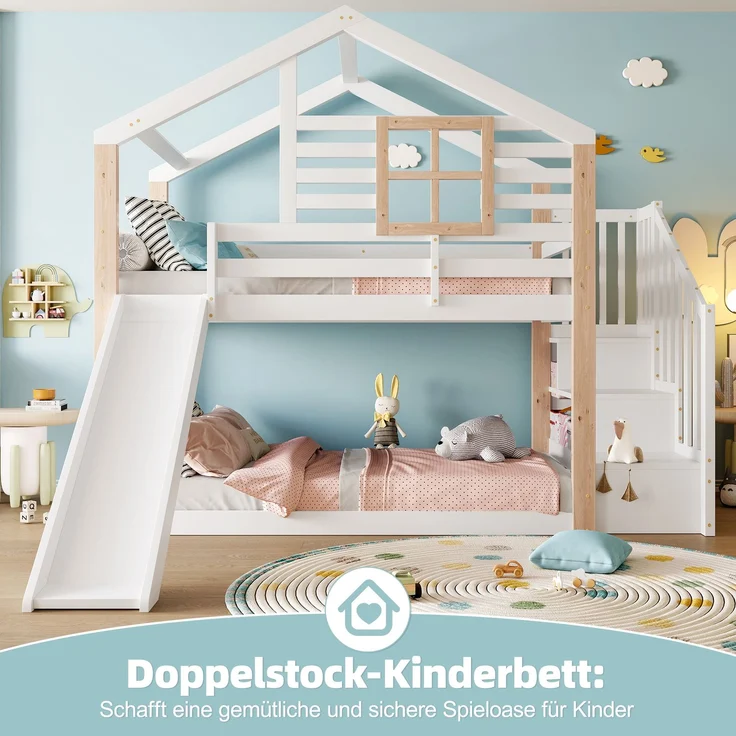 TavilaEcon Etagenbett Kinder-Etagenbett mit Rutsche und Treppe im skandinavisches Stil weiß Liegefläche 90 × 200 cm – Bild 6