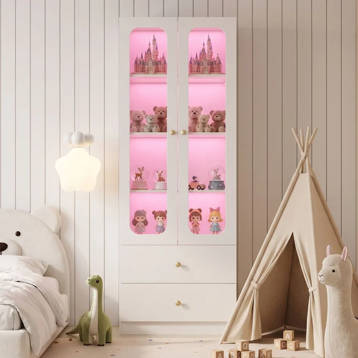 ZUBALIYA Glasvitrine, Küchenschrank, Aktenschrank, Sammelfiguren-Vitrine, 4 Ebenen Spielzeugschrank mit 2 Schubladen, LED-Leiste mit RGB-Farbwechsel per App steuerbar, goldene Metallgriffe, weiß, 60x35x170 cm – Bild 24