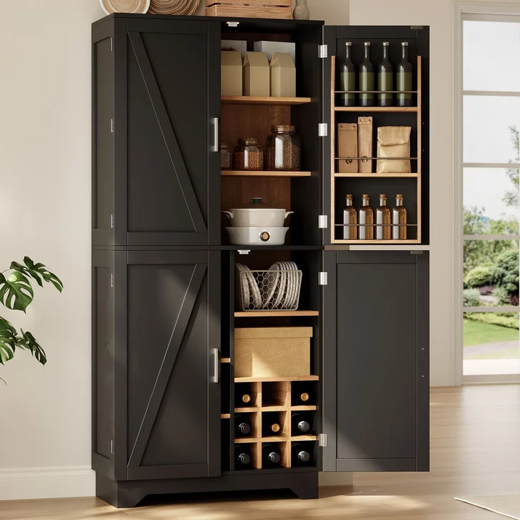 Küchenschrank, hoher Stauraumschrank mit 4 Scheunentor-Türen, Vorratsschrank mit Weinregal und Türregal, Aufbewahrungsschrank für Wohnzimmer und Esszimmer, 80 × 40× 180 cm – Bild 3