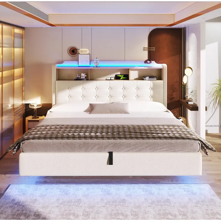 Polsterbett mit LED-Streifen, Type-C, USB und Stauraum, in schwebender Optik, gepolsterter Kopfteil, 180x200 cm, Doppelbett, Stauraumbett, Leinen – Bild 2