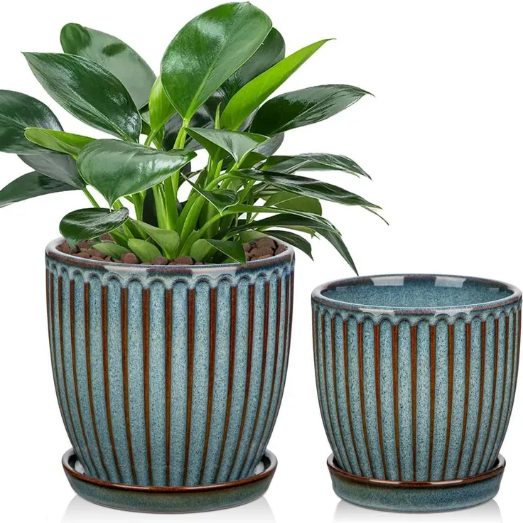 Übertopf 2er Set Keramik Drainageloch Untersetzer 15cm 13cm Navy