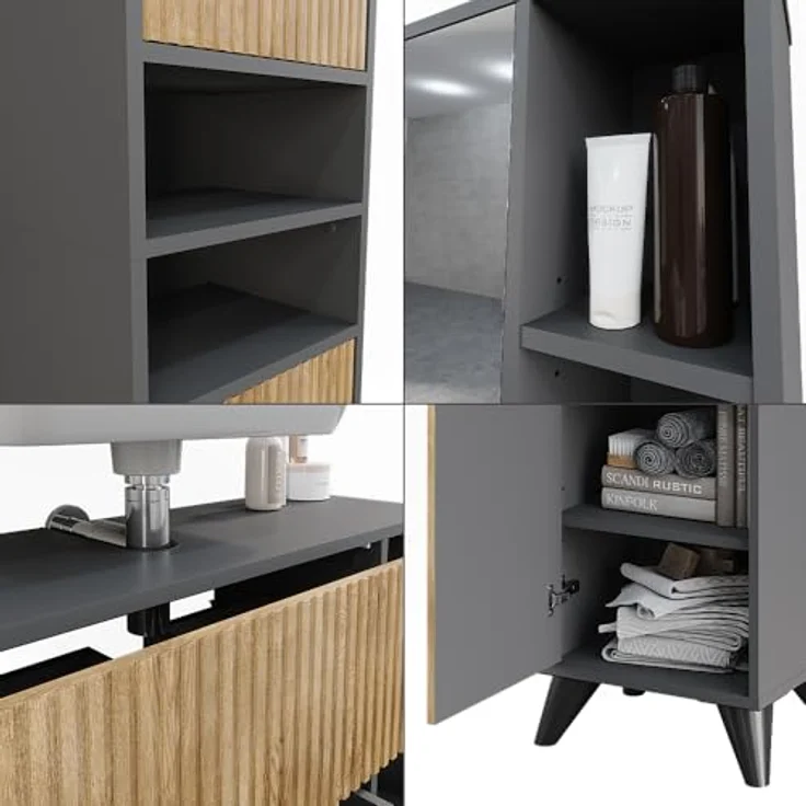 Vichy Badmöbel-Set Leano, 3-teilig, Anthrazit/Bergeiche, mit Waschbeckenunterschrank und Spiegelschrank, 80 cm – Bild 6