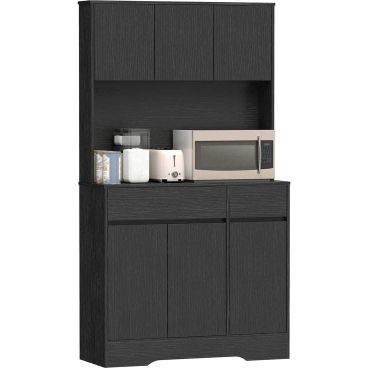 MELAYR, Buffet-Küchenschrank mit Arbeitsplatte, 6 Türen, hoher Stauraumschrank mit Regalen, Schwarz, 100 x 38 x 180 cm – Bild 1