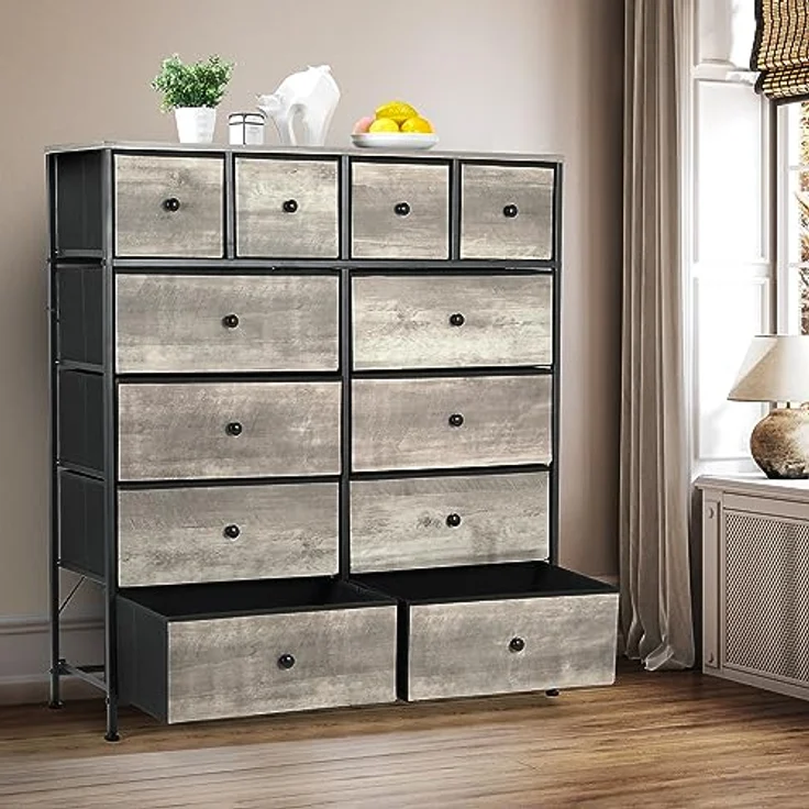 Clevich Stoff-Kommode, Schminktisch Schrank, Aufbewahrungsschrank, 12 Schubladen aus Stoff, Metallrahmen, industrieller Stil, für Wohnzimmer, Flur, Schlafzimmer (Grau) – Bild 8
