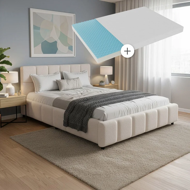 Juskys Polsterbett Florenz 140 x 200 cm mit Matratze – Bouclé, modernes Bett mit Kopf- & Fußteil, stabilem Holz- & Metallrahmen, Lattenrost, 500 kg Tragkraft – Creme – Bild 1