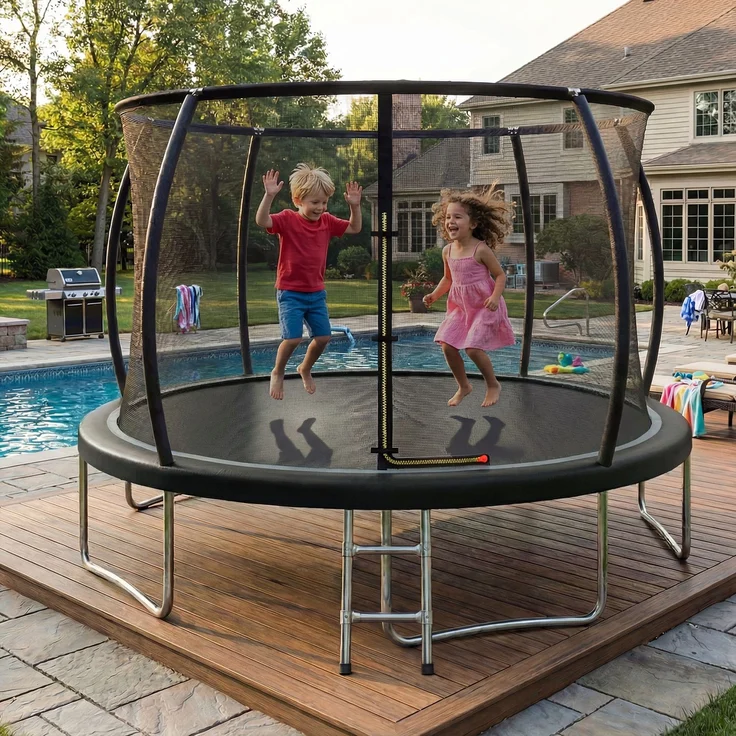 Devoko Gartentrampolin mit Sicherheitsnetz, Leiter, Randabdeckung, Stahlrahmen, Schwarz, Ø 360 cm – Bild 1