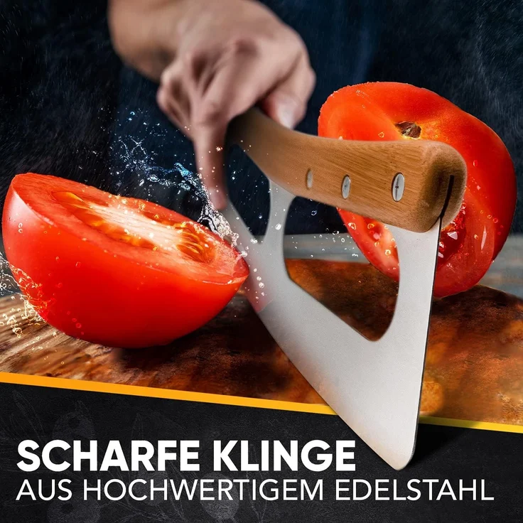 Loco Bird Pizzaschneider aus Edelstahl mit Bambusgriff und mit Klingenschutz, Allzweck-Wiegemesser: scharfe Klinge, robuster Griff - Edelstahl – Bild 5