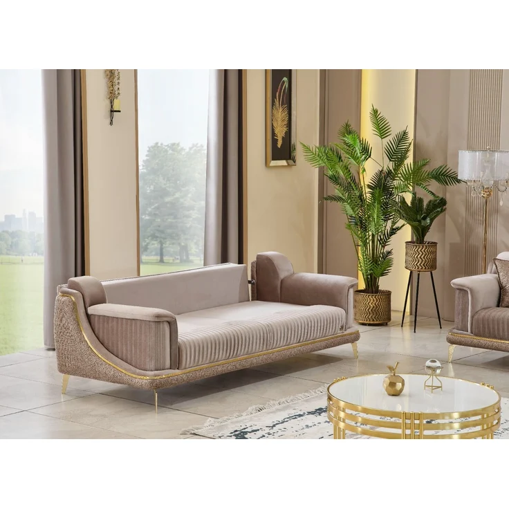 Sitzgruppe/Sofa Set - Wohnzimmergarnitur "Elva" 3+3+1+1-Hellbraun/Beige – Bild 4