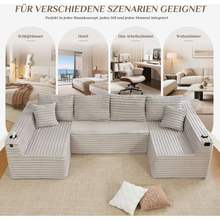 U-Form-Sofa aus Cord mit Getränkehalter & Seitentasche, 320x155x88 cm, Hellgrau – Bild 7