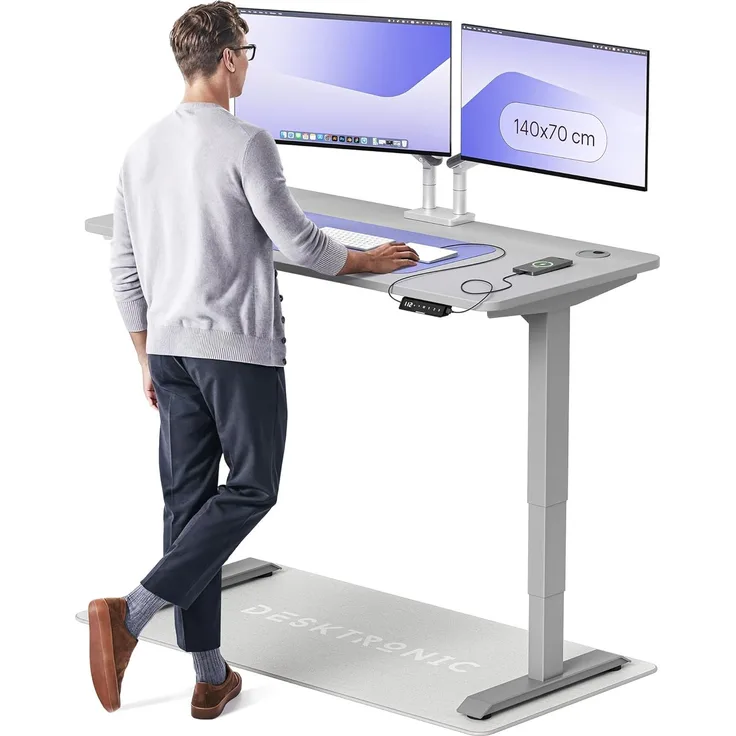 Höhenverstellbarer Schreibtisch - Höhenverstellbar Elektrisch mit Flüsterleisem Dual-Motor & Touchscreen - Hohe Tragfähigkeit - Stehtisch von Desktronic, Grau + Grau, 140x70 cm