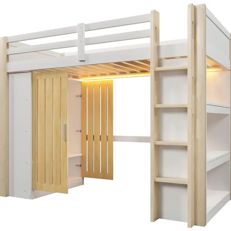 Hochbett mit RGB LED-Streifen, Lattenrost, Kleiderschrank, Trittleiter, Regal und Rausfallschutz, 140x200 cm, Kinderbett, Kiefer – Bild 7