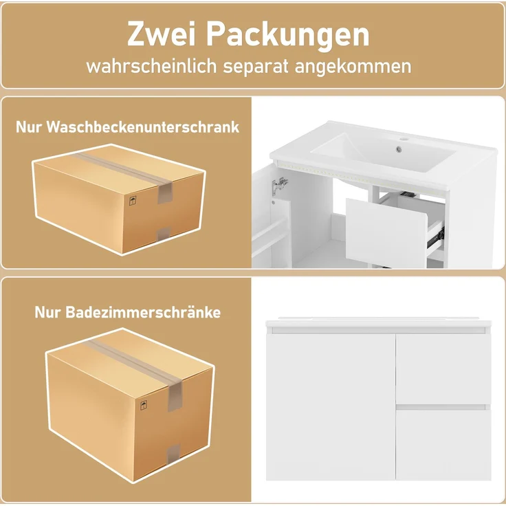 Wandhängender Waschtischunterschrank 76 x 46 x 50 cm aus MDF mit Keramikbecken und LED-Radarsensor – Bild 7