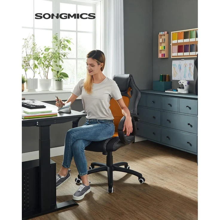 Songmics Racing Stuhl Bürostuhl Gaming Stuhl Chefsessel Drehstuhl PU, schwarz-orange, OBG56BO – Bild 2