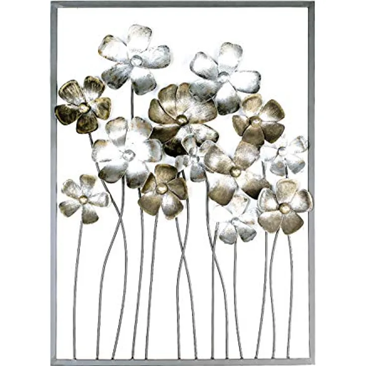 Casablanca 3D Metallbild Wanddeko Blumen und Blätter, moderne Wanddekoration in Braun, Gold und Creme, 58 x 89 cm