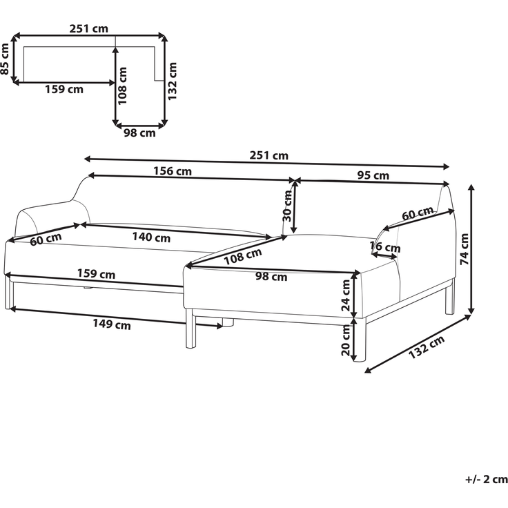 beliani 'SOSJO' Ecksofa, Stoff taupe, Rechtsseitig, 251 x 132 x 74 cm – Bild 3