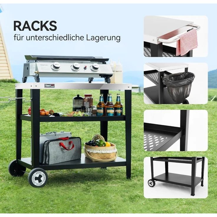 Royal Gourmet Servierwagen 3-Etagen mit Müllsackhalter Küchenwagen Edelstahl Beistelltisch Outdoor Plancha Grilltisch Rollwagen Trolley Silber Arbeitsplatte 85 x 50cm – Bild 4