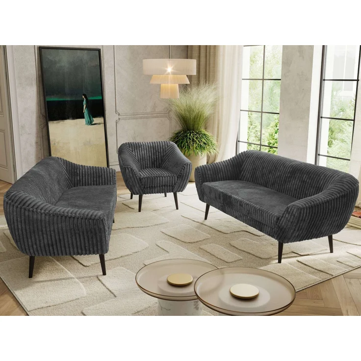 Wohnzimmerset, Möbelset PIRS 3-3-1, Armlehnen, Wellenfederung, schwarze Füße, Dreisitzer Sofas mit Sessel, Polstermöbel Set - Grau Cord – Bild 4
