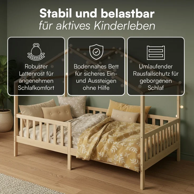 Bellabino 'Bia' Hausbett 120x200 cm, natur, Kiefer Massivholz, Montessori Kinderbett mit Rausfallschutz und Lattenrost – Bild 4