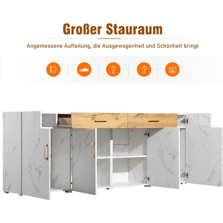 Sideboard weiß marmoriert mit Eiche-Front, modernes TV-Sideboard, Wohnzimmer-Kommode mit 2 Schubladen und 4 Türen – Bild 9