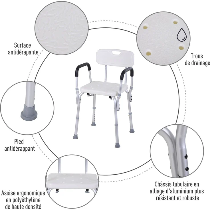 Duschstuhl mit Rückenlehne und Armlehnen, höhenverstellbarer Duschsitz mit rutschfesten Füßen, abnehmbare Armlehnen, bis 136 kg, Aluminium/HDPE, Weiß – Bild 6