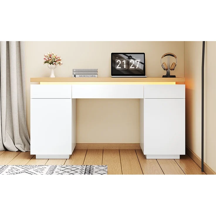 ZUBALIYA 140×50cm großer Schreibtisch,verlängerte und verdickte Tischplatte mit LED-Beleuchtung, ausgestattet mit 3 Schubladen,2 Türen und verstellbaren Einlegeböden,großer Stauraum, Schreibtisch, Schminktisch – Bild 12