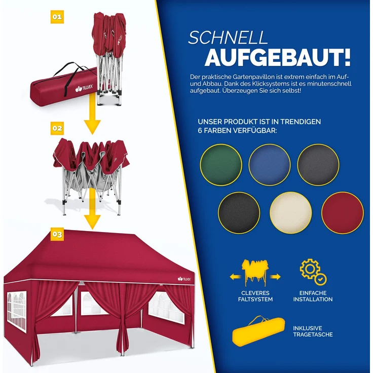 tillvex Pavillon 3x6m - mit 6 Seitenwänden Rot wasserdicht | Pop-Up Faltpavillon höhenverstellbar | Gartenzelt UV Schutz 50+ | Partyzelt mit Tasche für Garten – Bild 9
