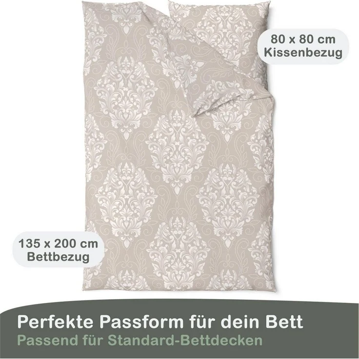 LINKHOFF Bettwäsche Biber Bettwäsche 135x200 oder 155x220 + 80x80 cm 2tlg. – Beige Weiß, Paisley Ornamente – 100% Baumwolle warme Feinbiber Winterbettwäsche – Bild 2
