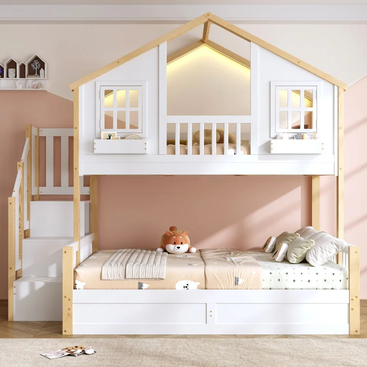 Merax Etagenbett, Kinderbett, 90*200+140*200cm, Holzbett, Hausbett, mit hydraulischem Unterbett, Hochbett mit LED und Stauraumtreppe, weiß+Naturfarbe – Bild 2