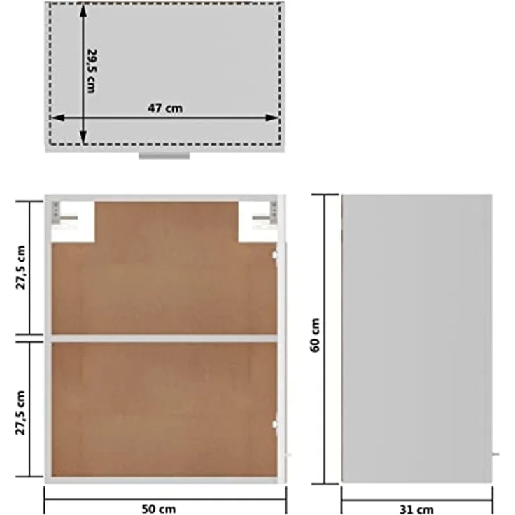 vidaXL Hängeschrank 2 Regalböden Küche Schrank Einbauküche Küchenzeile Küchenmöbel Oberschrank Küchenschrank Hochglanz-Weiß 50 x 31 x 60 cm Holzwerkstoff – Bild 3