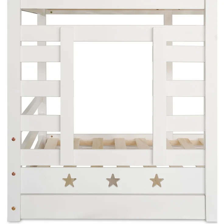 Etagenbett 90x200 cm mit Treppe und Stauraum, Sterne & Monde Design, Hausrahmen, Kiefer-Massivholz, Weiß, Kinderbett – Bild 10