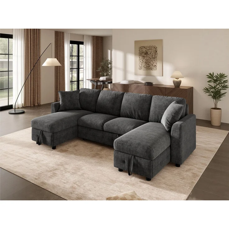ZUBALIYA Schlafsofa 61x107 cm, mit USB - Anschluss, mit Stauraum, mit Ausziehbett, mit Chenille - Bezug, mit breiten Armlehnen, Grau – Bild 14