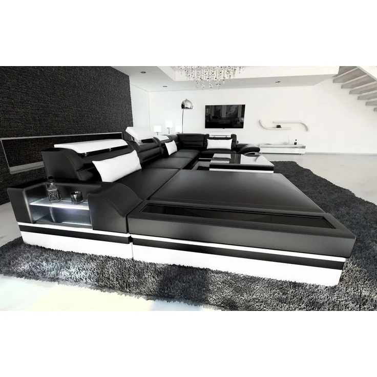 Mini Luxus-Wohnlandschaft Mezzo mit LED-Beleuchtung - Büffelleder - Schwarz-Weiß - Links – Bild 4