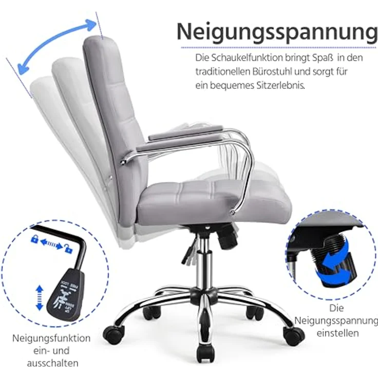 Yaheetech Schreitischstuhl ergonomisch Bürostuhl mit Armlehnen Home-Office Stuhl Drehstuhl mit Rollen Arbeitsstuhl mit Rückenlehne für Büro/Arbeitszimmer Hellgrau – Bild 7