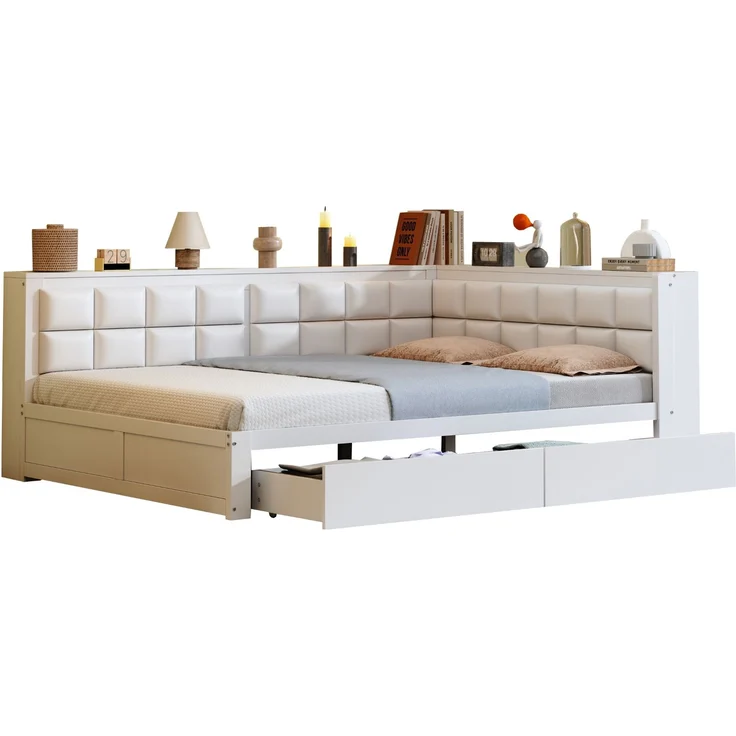 Sofa-Holzbett, 140 x 200, multifunktionales Bett mit weicher Rückenlehne, großer Stauraumschublade, Einzelbett, Jugendbett, Holzbett aus Kiefernholz, Holz, Weiß, 140 x 200 cm – Bild 6